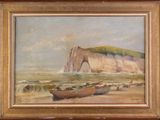painting of boats on the beach with cliffs in the background