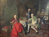 painting of a man and a woman playing chess in a living room