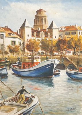 painting of boats in a harbor with a church in the background