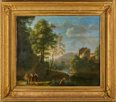 an image of a painting of a landscape with people and animals