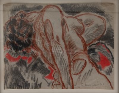 dessin représentant une femme nue allongée sur un lit avec un oreiller rouge