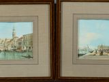 painting of two paintings of a city with a bridge in the background