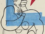dessin représentant un homme assis sur une chaise, avec un milan royal en arrière-plan