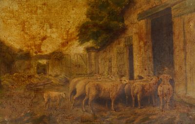 tableau représentant un troupeau de moutons devant un bâtiment