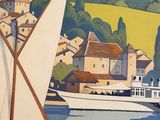 a painting of a sailboat on the water with a town in the background