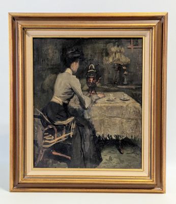 tableau représentant une femme assise à une table avec un enfant