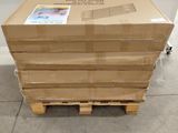 a stack of cardboard boxes on a pallet in a warehouse