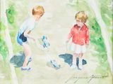 un tableau représentant deux enfants jouant avec des jouets dans un parc