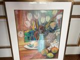 a picture of a painting of flowers in a vase on a table