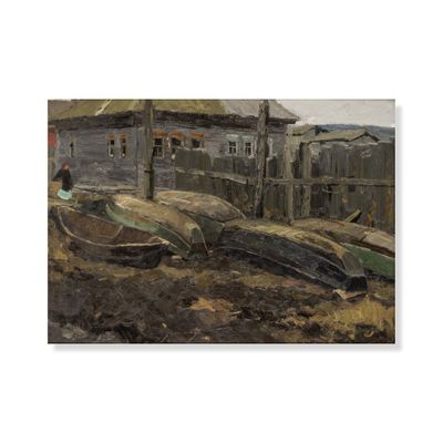 a painting of boats on the shore near a building