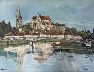 peinture représentant une peinture d'un bâtiment et d'un pont enjambant une rivière