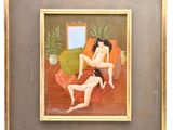 tableau représentant une femme nue assise sur un canapé, avec une plante en pot en arrière-plan