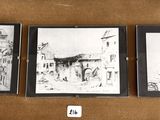 three framed pictures of a building and a clock on the wall