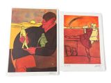 two paintings of a man and a woman sitting on a couch