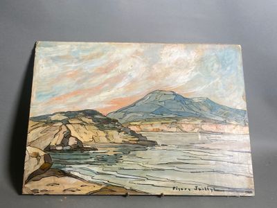une peinture à l'huile représentant une scène de plage avec une montagne en arrière-plan
