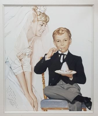 a painting of a man and a woman sitting on a chair