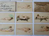 many pictures of a woman laying on a bed