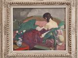 l'image d'un tableau représentant une femme assise sur un canapé