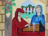 painting of a man and a woman sitting at a table