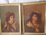deux tableaux représentant une femme coiffée d'un chapeau et une femme en robe