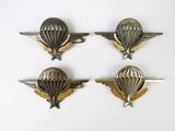 three silver and gold badges with wings and a parachut