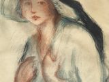 drawing of a woman in a large hat with her hands on her chest