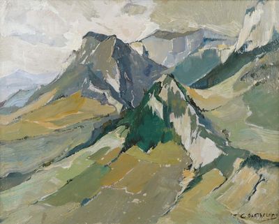 an oil painting of a mountain range with a sky background
