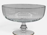 a clear glass bowl with a gold rim on a white surface