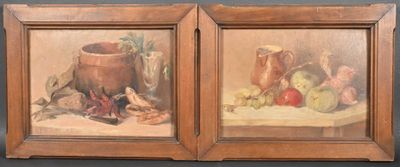 pair of oil paintings of fruit and a pitcher on a table