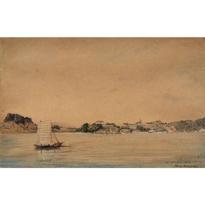 une image représentant un tableau où l'on voit un voilier sur un plan d'eau, avec un château en arrière-plan