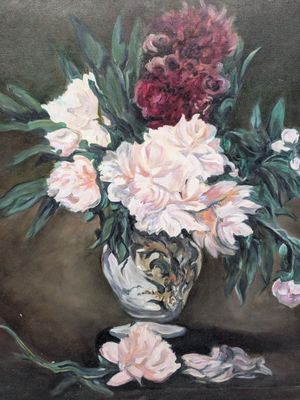 une peinture de fleurs dans un vase sur une table