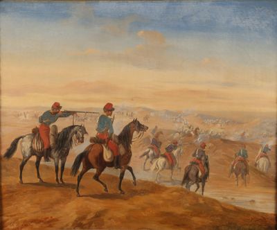 tableau représentant un homme à cheval tenant un fusil