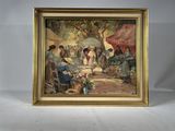 tableau représentant une femme vendant des fleurs sur un marché, dans un cadre doré