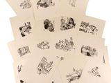 a lot of cards with drawings on them on a white surface