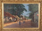 une peinture à l'huile représentant une rue de village avec des passants qui marchent