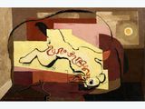 a painting of a dog laying on a couch