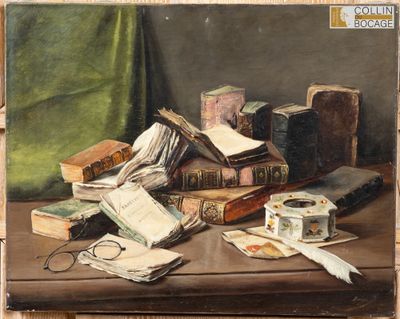un tableau représentant de vieux livres posés sur une table, avec des feuilles de papier