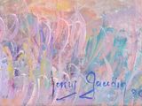 pastel painting of a field of flowers with the words happy season written on it