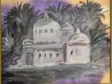 une peinture représentant un bâtiment au milieu d'un tableau