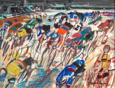a painting of a group of people riding bicycles on a track