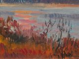an oil painting of a sunset over a body of water