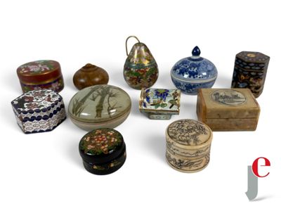 many different types of boxes and containers on a white surface