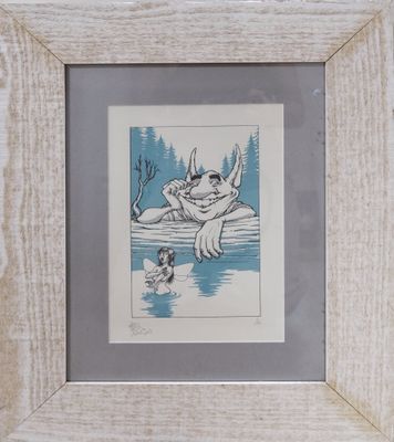 framed picture of a cat and a dog swimming in a lake