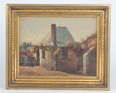 un vieux tableau représentant une scène de village avec un cheval et une calèche