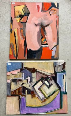 two paintings on a wall of a man with no shirt and no shirt