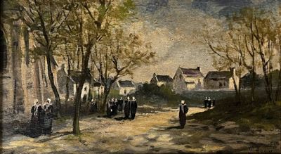 a painting of a group of people walking down a street