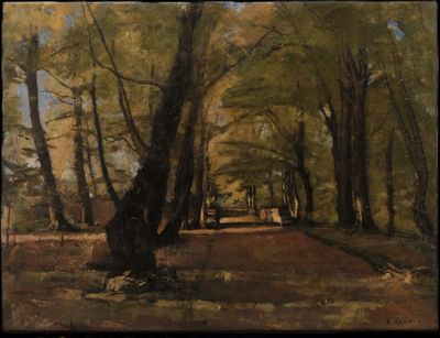 peinture représentant un sentier dans une zone boisée, bordé d'arbres de chaque côté