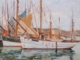 a painting of a boat in the water with other boats in the background