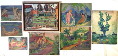 plusieurs tableaux peints sur un fond blanc, de différentes couleurs et tailles