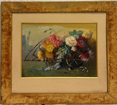 une peinture de fleurs dans un panier sur une table